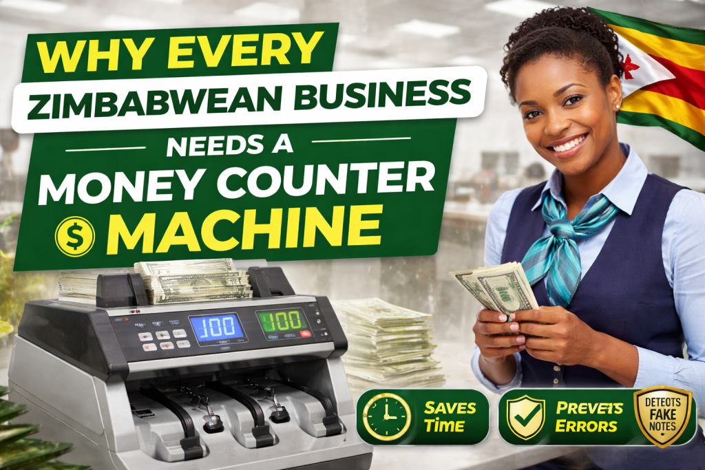 Money counter machine in Zimbabwe with businesswoman counting cash for retail and banking operations