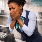 Bank teller coughing due to dust from unmaintained money counter machine in Zimbabwe