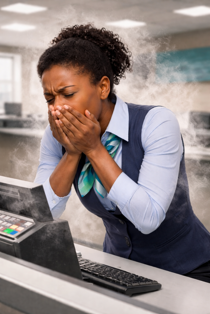 Bank teller coughing due to dust from unmaintained money counter machine in Zimbabwe