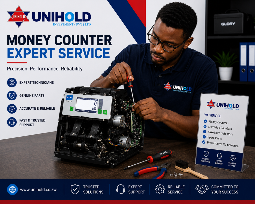 Glory-GFS-220-Money-Counter-Service-Zimbabwe Professional Unihold technician repairing and maintaining a Glory GFS-220 money counting machine in Zimbabwe. Expert money counter servicing, calibration, troubleshooting and preventative maintenance.